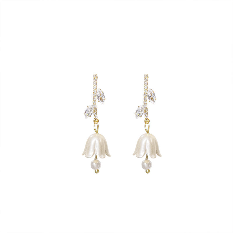 Bell Orchid Pearl Tassel Zircon Earrings Female