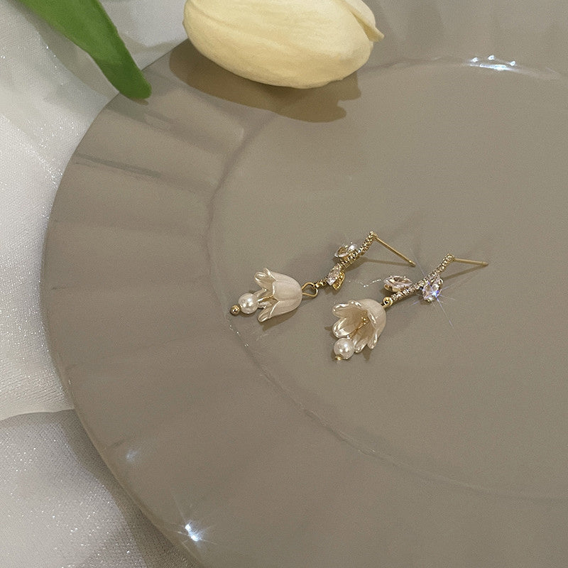 Bell Orchid Pearl Tassel Zircon Earrings Female