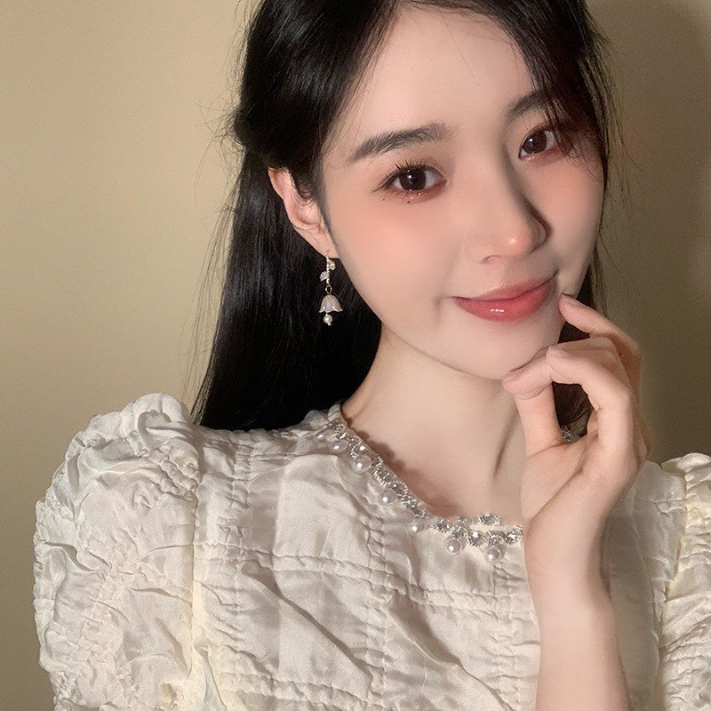 Bell Orchid Pearl Tassel Zircon Earrings Female