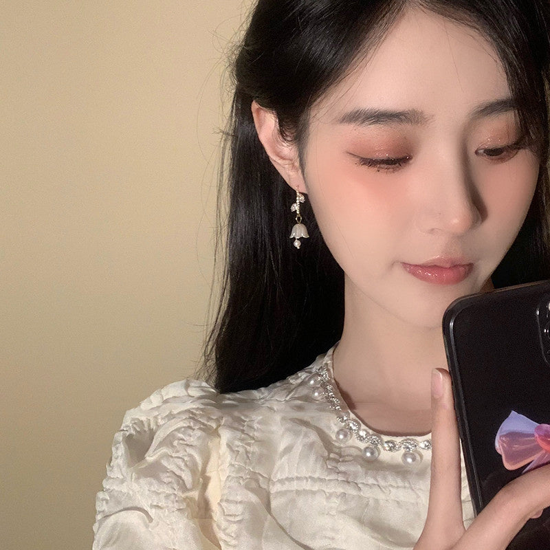 Bell Orchid Pearl Tassel Zircon Earrings Female