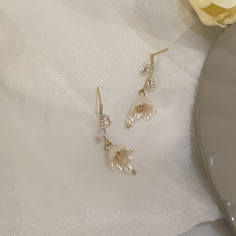 Bell Orchid Pearl Tassel Zircon Earrings Female