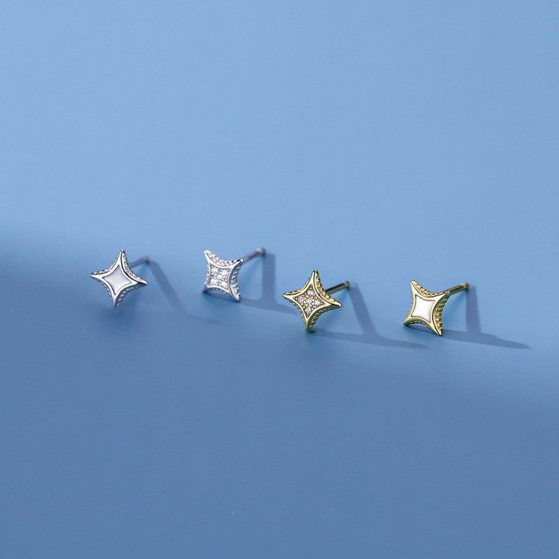 Women's Sterling Silver Four-pointed Star Stud Earrings Super Flash Japanese And Korean Style