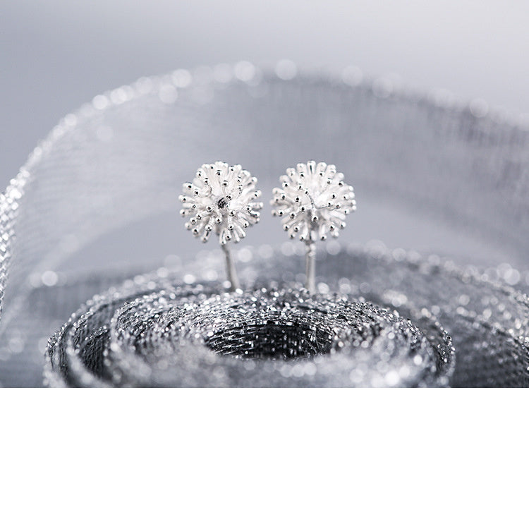 S925 Tremella Stud Female Round Ball Flower Core Stud Dandelion Stud Female