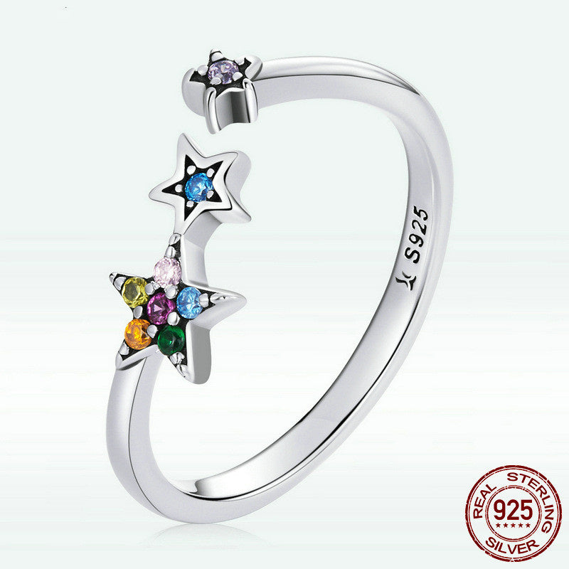 Sterling Silver S925 Star Open Ring Colored Zircon Five-pointed Star
