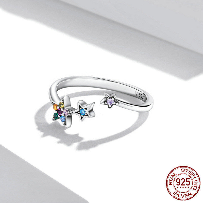 Sterling Silver S925 Star Open Ring Colored Zircon Five-pointed Star
