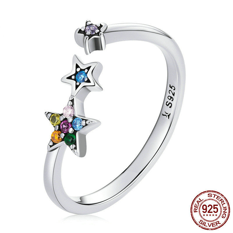 Sterling Silver S925 Star Open Ring Colored Zircon Five-pointed Star