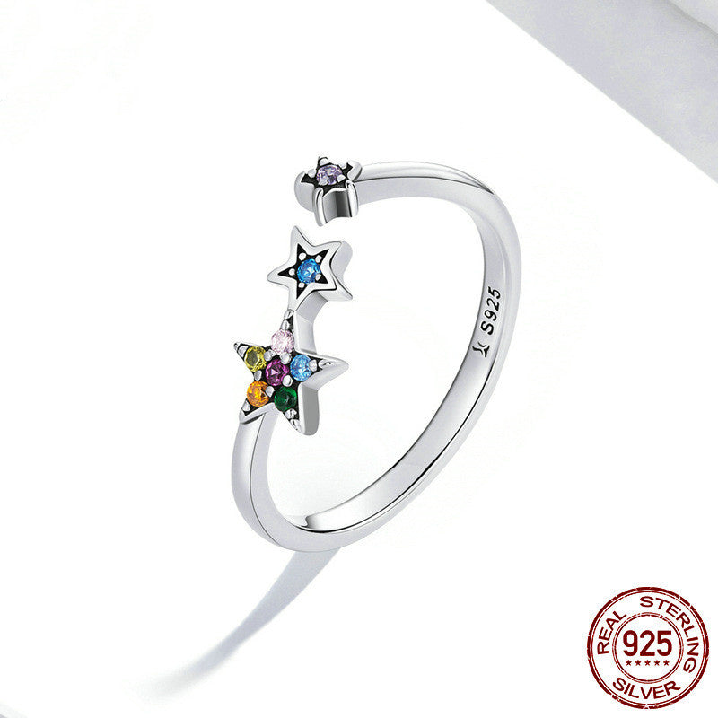 Sterling Silver S925 Star Open Ring Colored Zircon Five-pointed Star