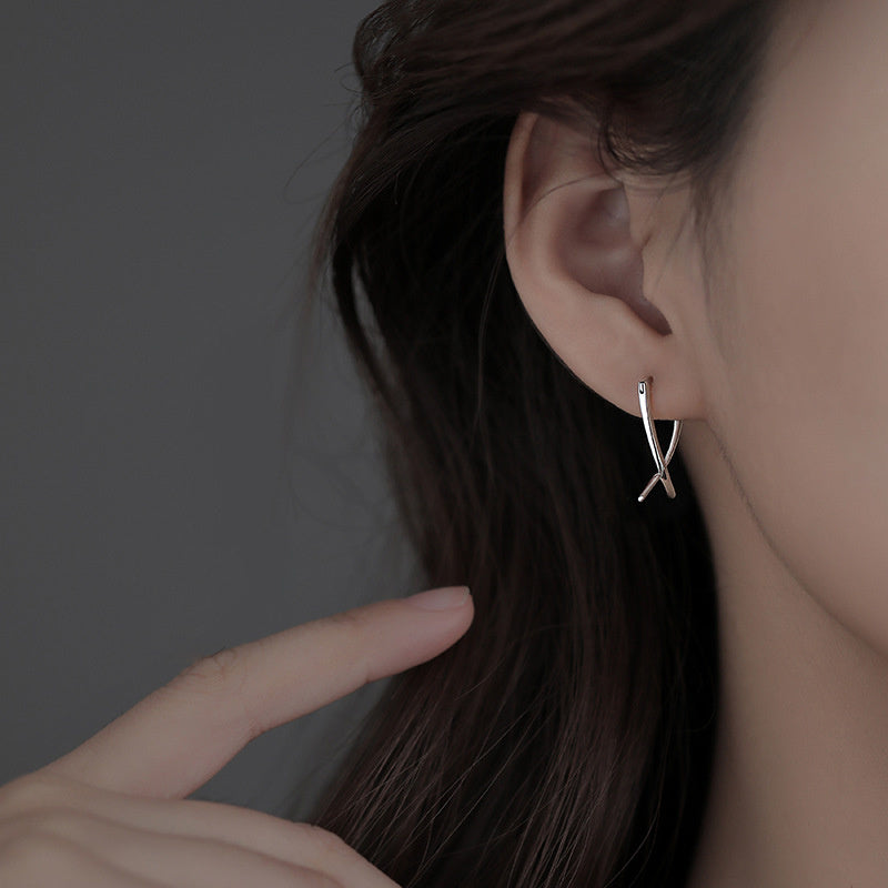 S925 Silver Line Cross Ear Buckle Premium Ear Studs