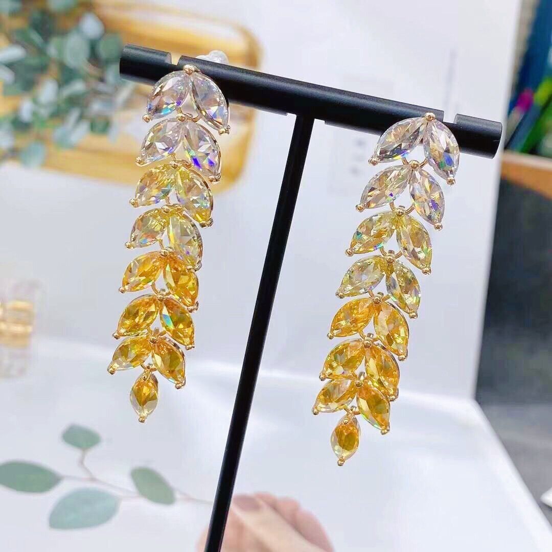 Long Green Transparent Gradient Wheat Ear With Diamond Earrings Personality Earrings