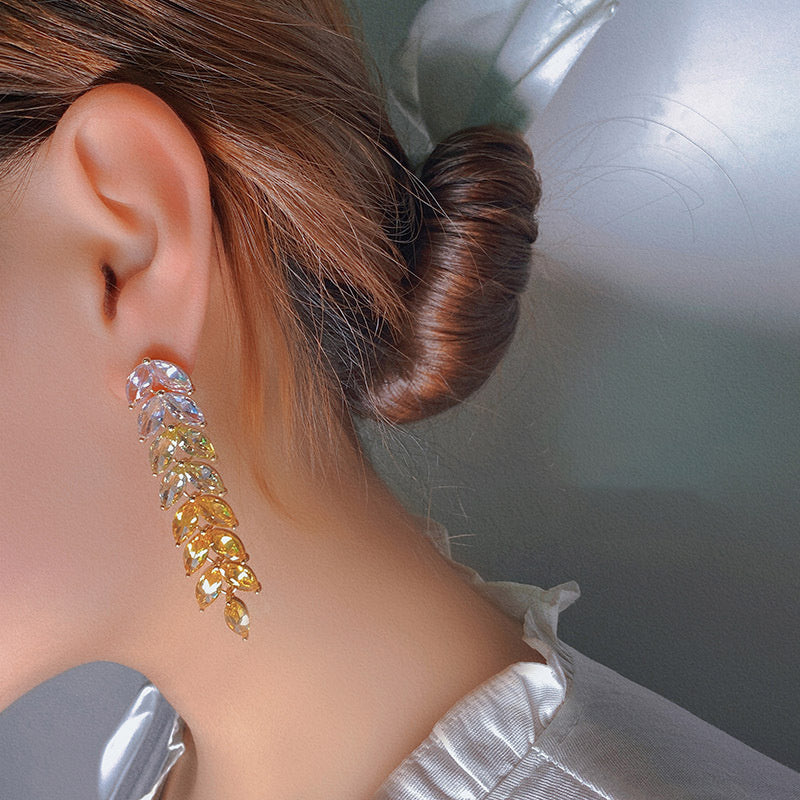 Long Green Transparent Gradient Wheat Ear With Diamond Earrings Personality Earrings