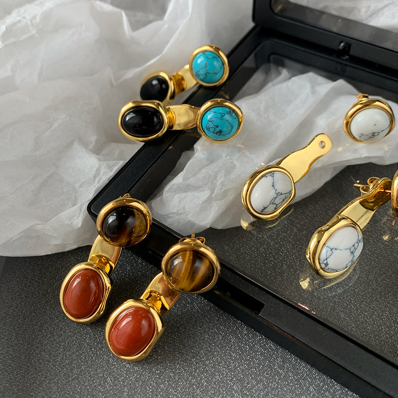 European And American Colored Natural Tiger Eye Stone Retro Earrings Female