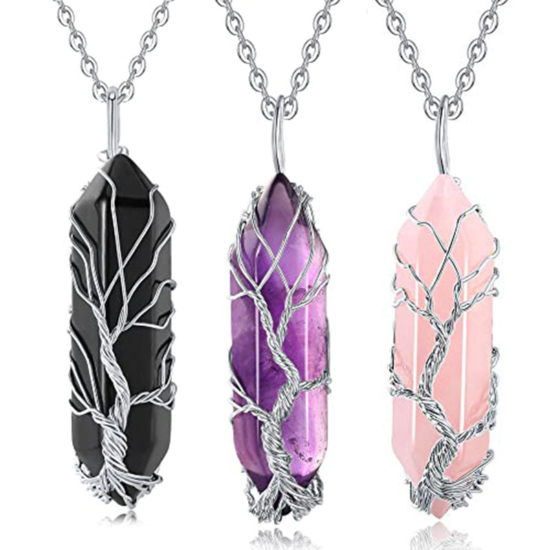 Natural Hexagon Pillar Handwrapped Wire Wrap Tree Of Life Pendant