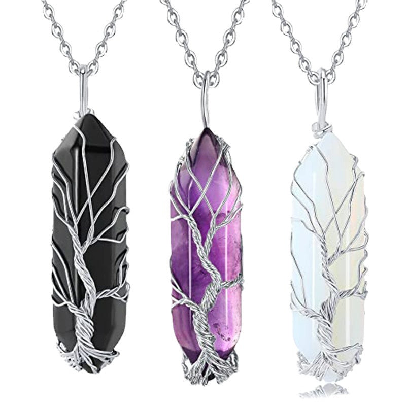 Natural Hexagon Pillar Handwrapped Wire Wrap Tree Of Life Pendant