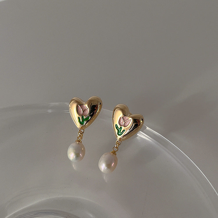 Fashion Tulip Metal Love Pearl Earrings