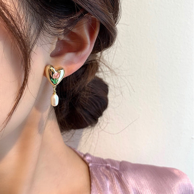 Fashion Tulip Metal Love Pearl Earrings