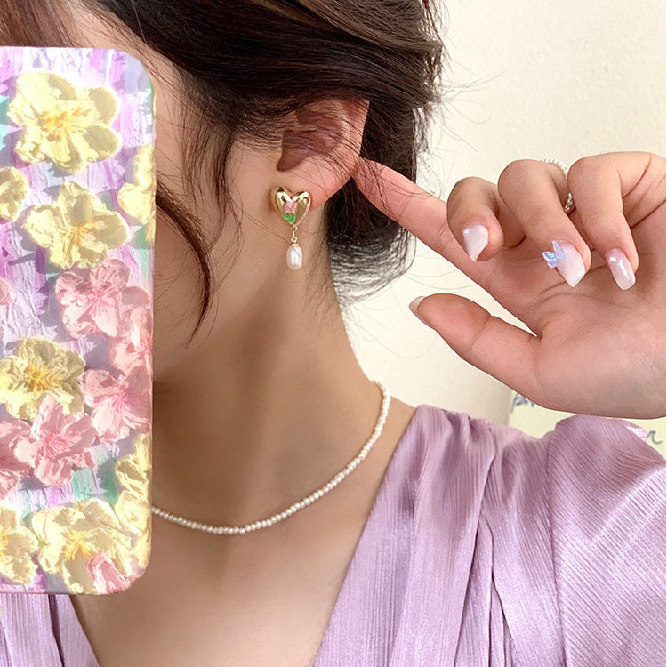 Fashion Tulip Metal Love Pearl Earrings