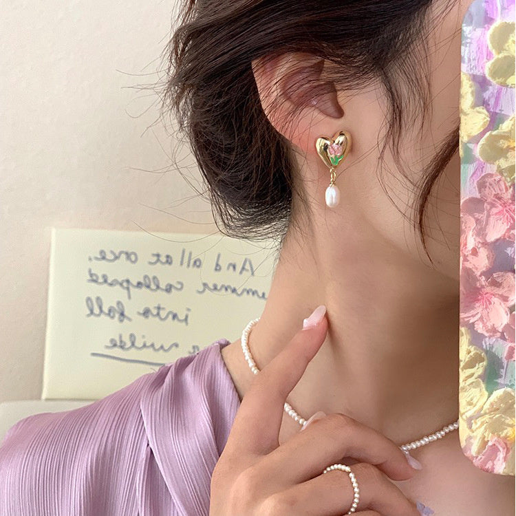 Fashion Tulip Metal Love Pearl Earrings