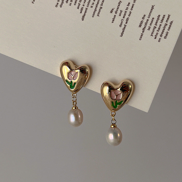 Fashion Tulip Metal Love Pearl Earrings