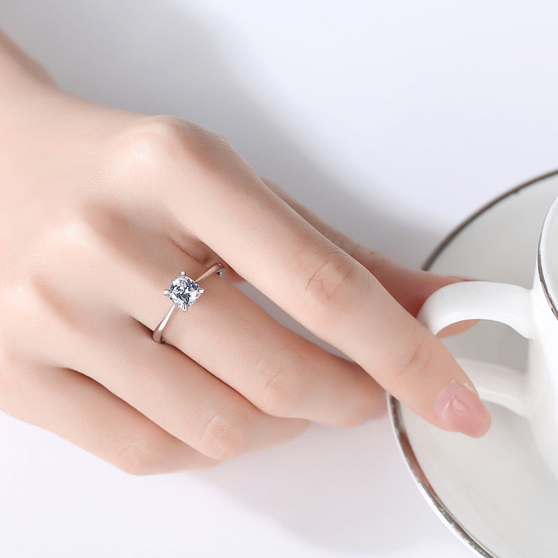 S925 Sterling Silver Fat Square Diamond Ring