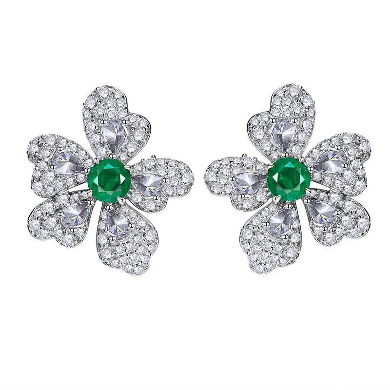 Artificial Emerald Flower Earrings 925 Silver Plated
